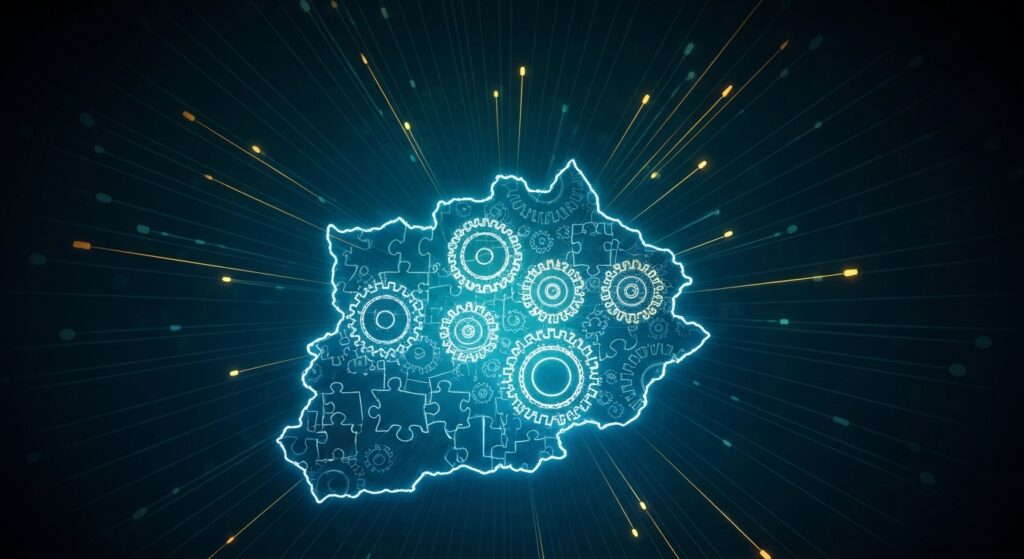 Imagem abstrata com engrenagens e peças de quebra-cabeça interligadas formando o mapa do Tocantins, simbolizando progresso e discussão sobre as propostas de reformas políticas no Tocantins, focando em modernização e eficiência.