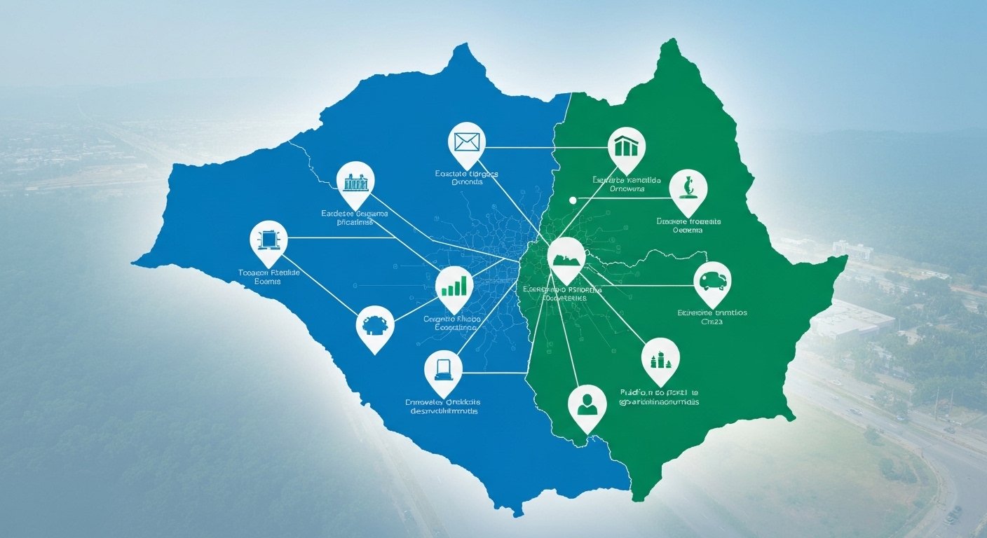 Um mapa estilizado e interconectado do Tocantins, com ícones abstratos representando estruturas de poder e impacto no desenvolvimento, ilustrando o cenário político do Tocantins.