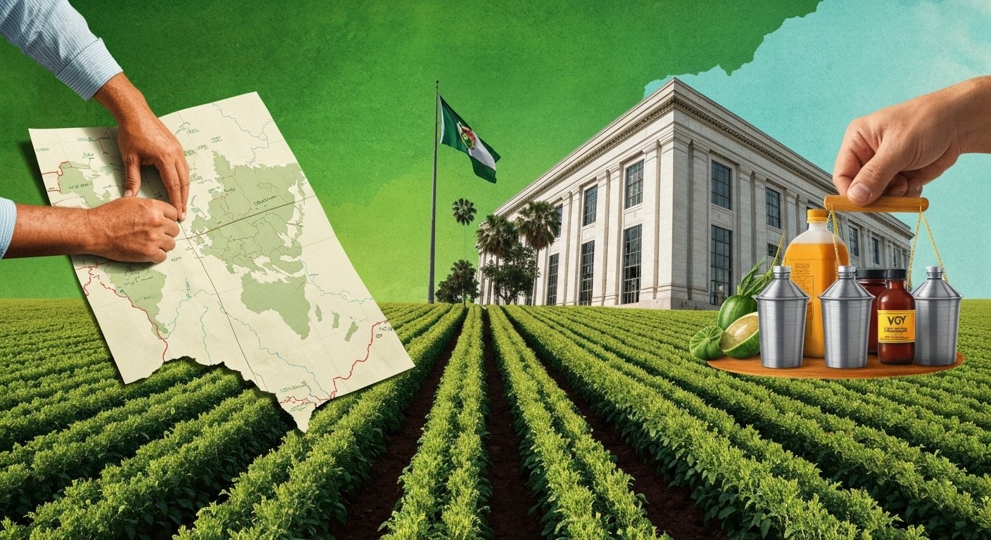 Representação visual do forte impacto da agricultura na política do Tocantins, com campos agrícolas se transformando em símbolos de poder legislativo e governamental no estado.