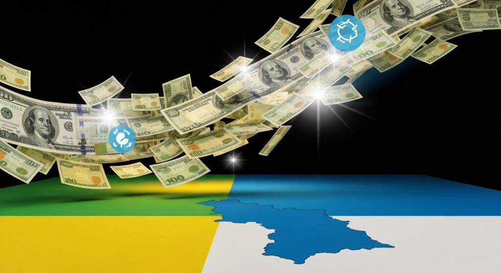 Fluxo dinâmico de dinheiro iluminado por feixes de luz sobre o mapa do Tocantins, simbolizando o orçamento público e transparência no Tocantins e sua gestão fiscal.