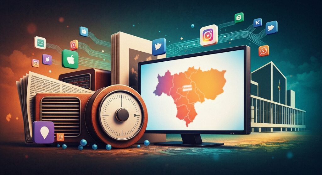 Ilustração digital vibrante que representa a complexa rede de jornais, TVs, rádios e plataformas digitais interligadas, simbolizando o papel da mídia na política do Tocantins, com o prédio do governo ao fundo.