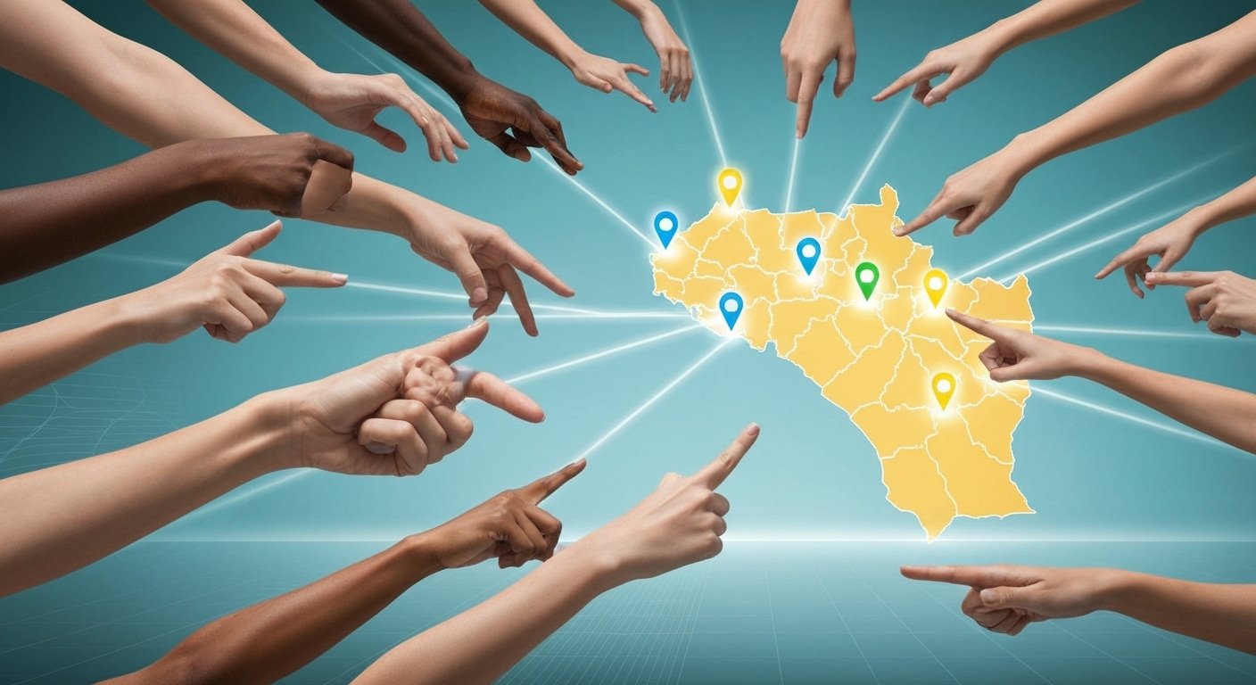 Ilustração conceitual de mãos de cidadãos interagindo com um mapa luminoso do Tocantins, representando os canais de participação cidadã na política tocantinense e o impacto na gestão pública estadual.