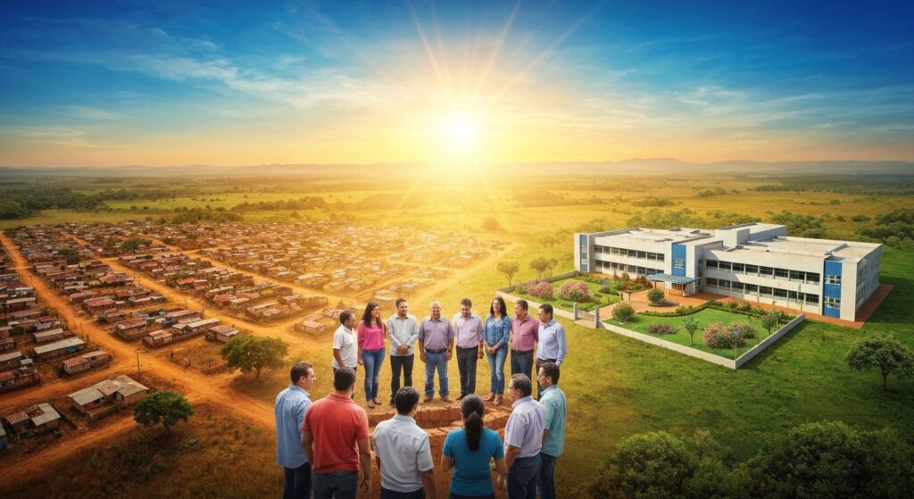 Ilustração simbólica de uma paisagem do Tocantins ao amanhecer, com contrastes entre desafios socioeconômicos e respostas políticas em educação e saúde, representando a população e a colaboração governamental sobre os desafios socioeconômicos e respostas políticas no Tocantins.