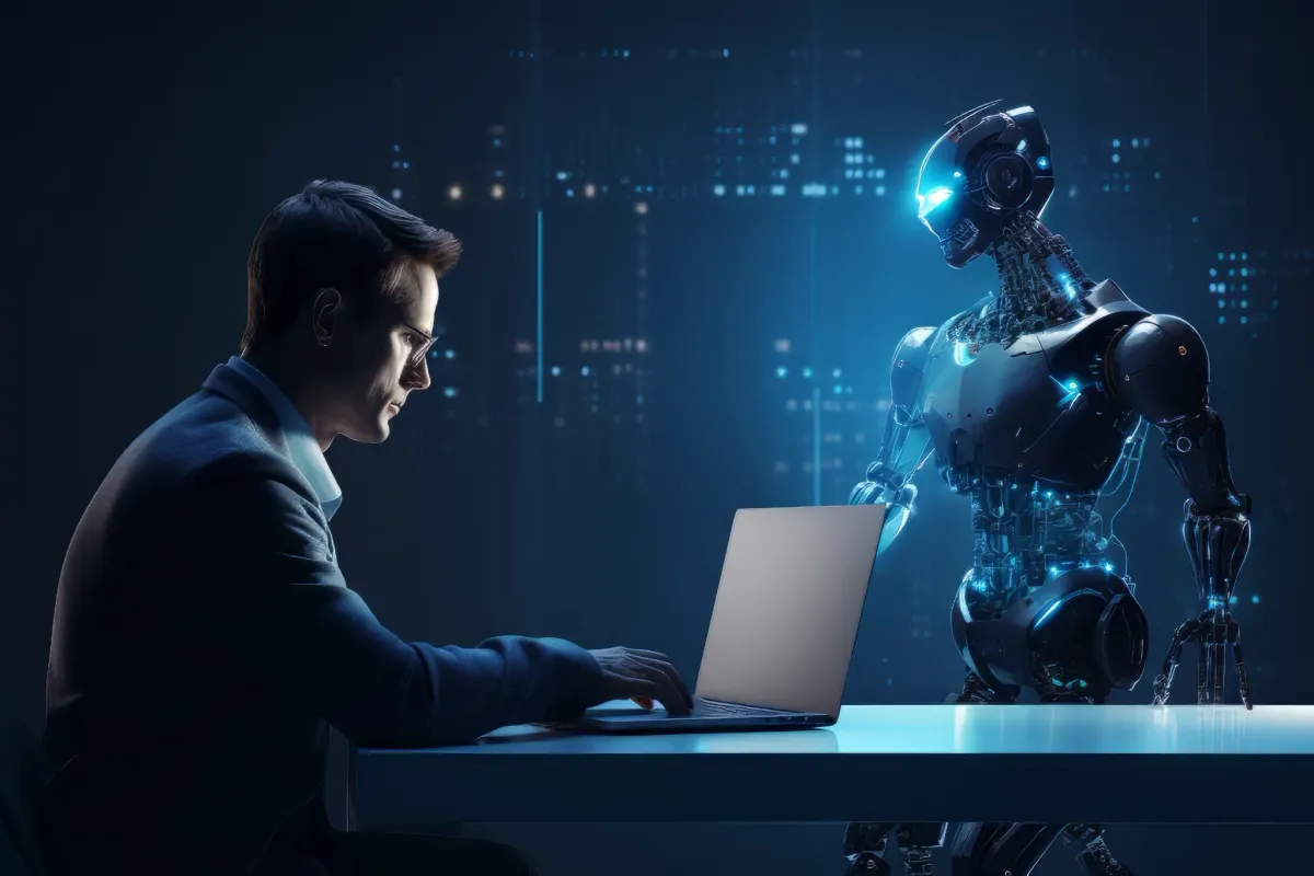 Mãos humanas interagindo com uma interface digital futurista, representando a supervisão humana sobre a inteligência artificial na Receita Federal.