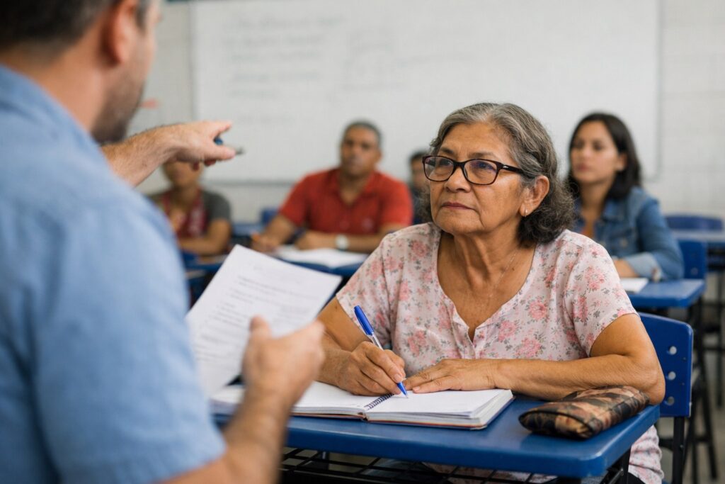 Adultos e jovens estudando no CERAL em Guaraí, aproveitando a EJA para concluir o ensino fundamental.