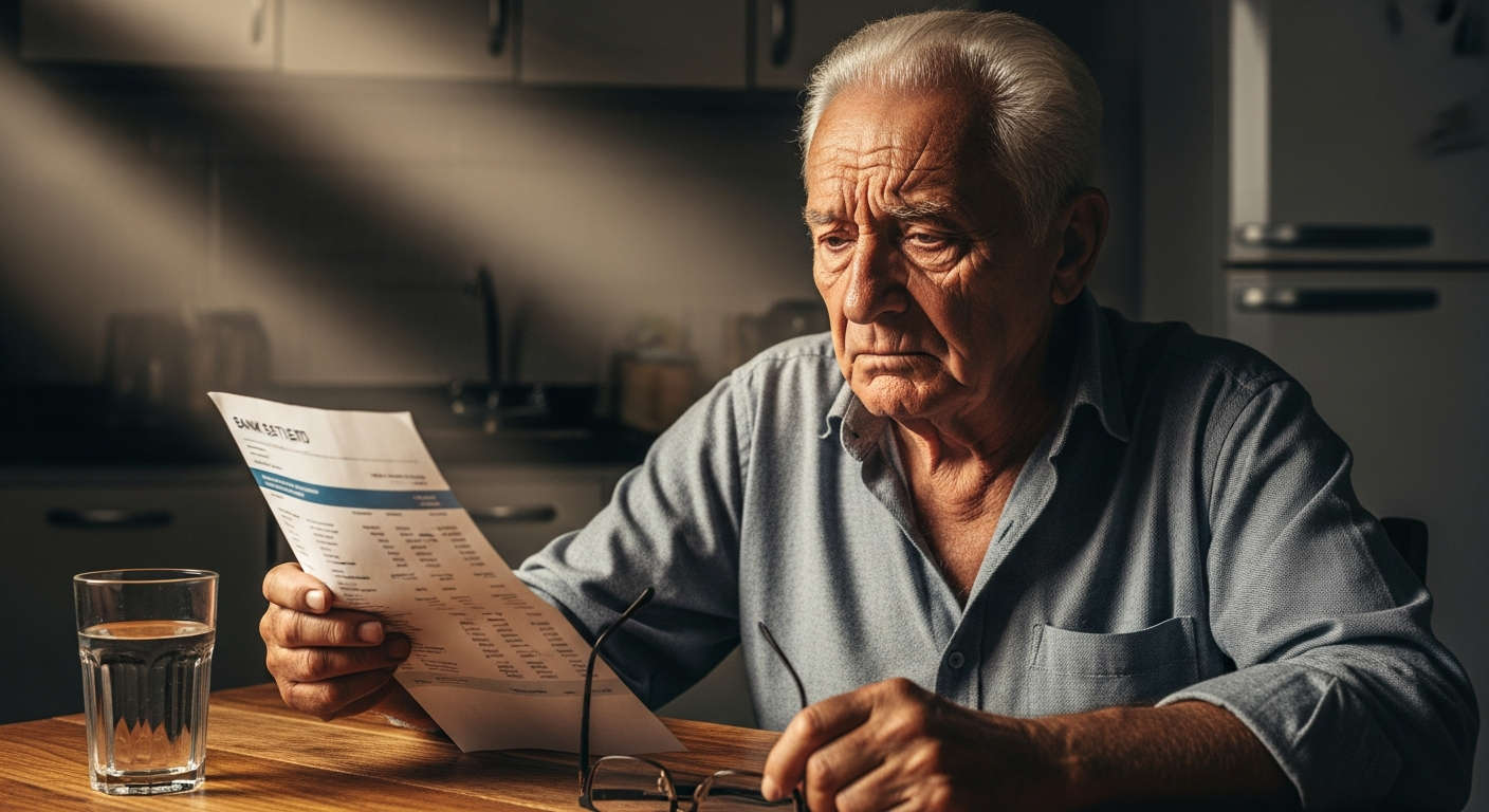 Idoso segurando óculos e extrato bancário com expressão de preocupação, ilustrando vítimas da fraude no INSS.