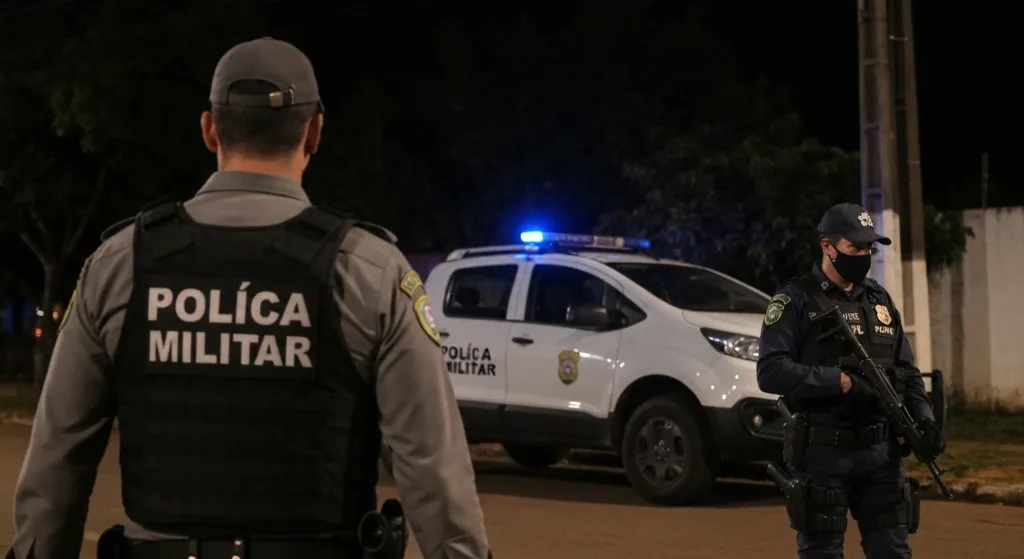 Viatura da Polícia Militar em Gurupi com luzes acesas, indicando ocorrência e faca no chão