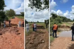 Ponte destruída pelas chuvas em uma área rural do Tocantins, com águas barrentas e detritos.