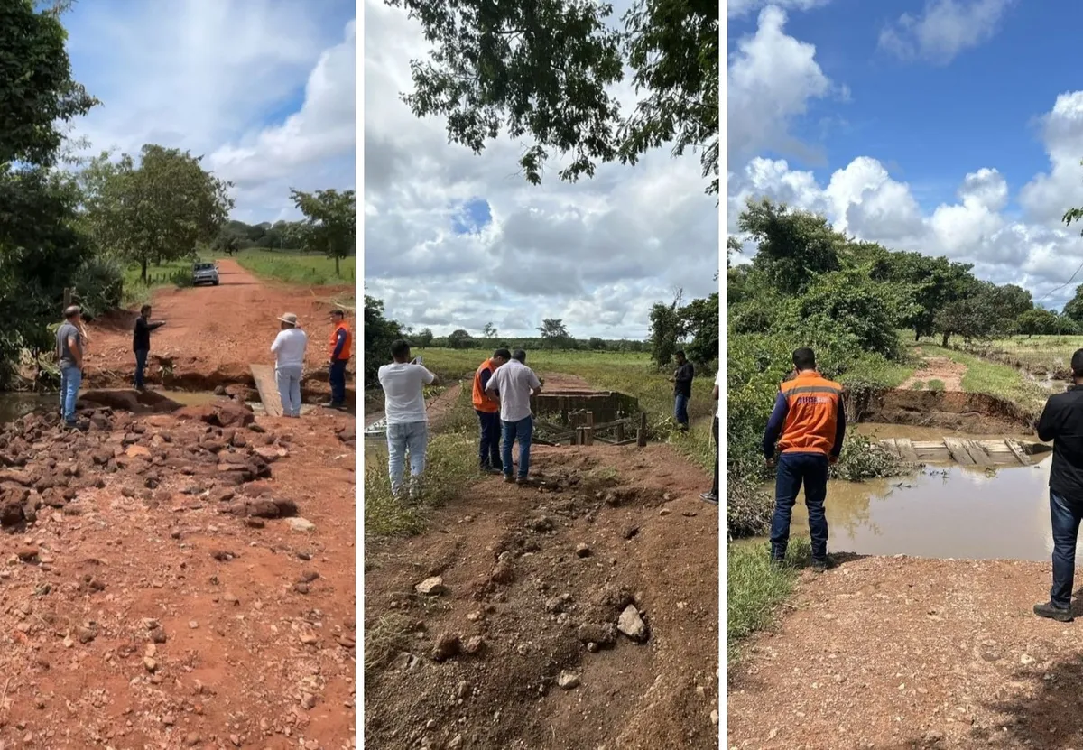 Ponte destruída pelas chuvas em uma área rural do Tocantins, com águas barrentas e detritos.