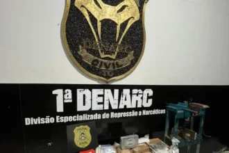 Policial civil examinando prensa hidráulica e drogas apreendidas em laboratório clandestino de cocaína em Palmas