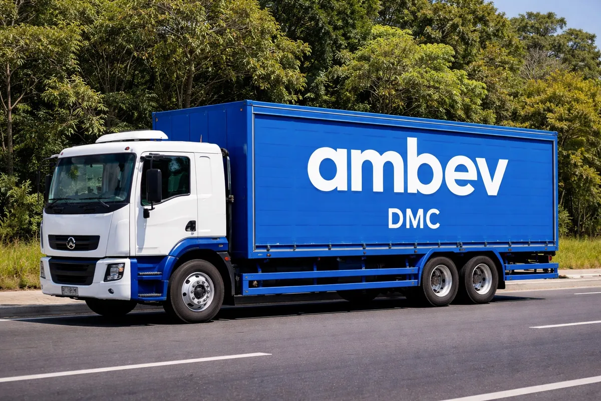 Motorista de distribuição sorrindo ao lado de um caminhão da Ambev em Guaraí