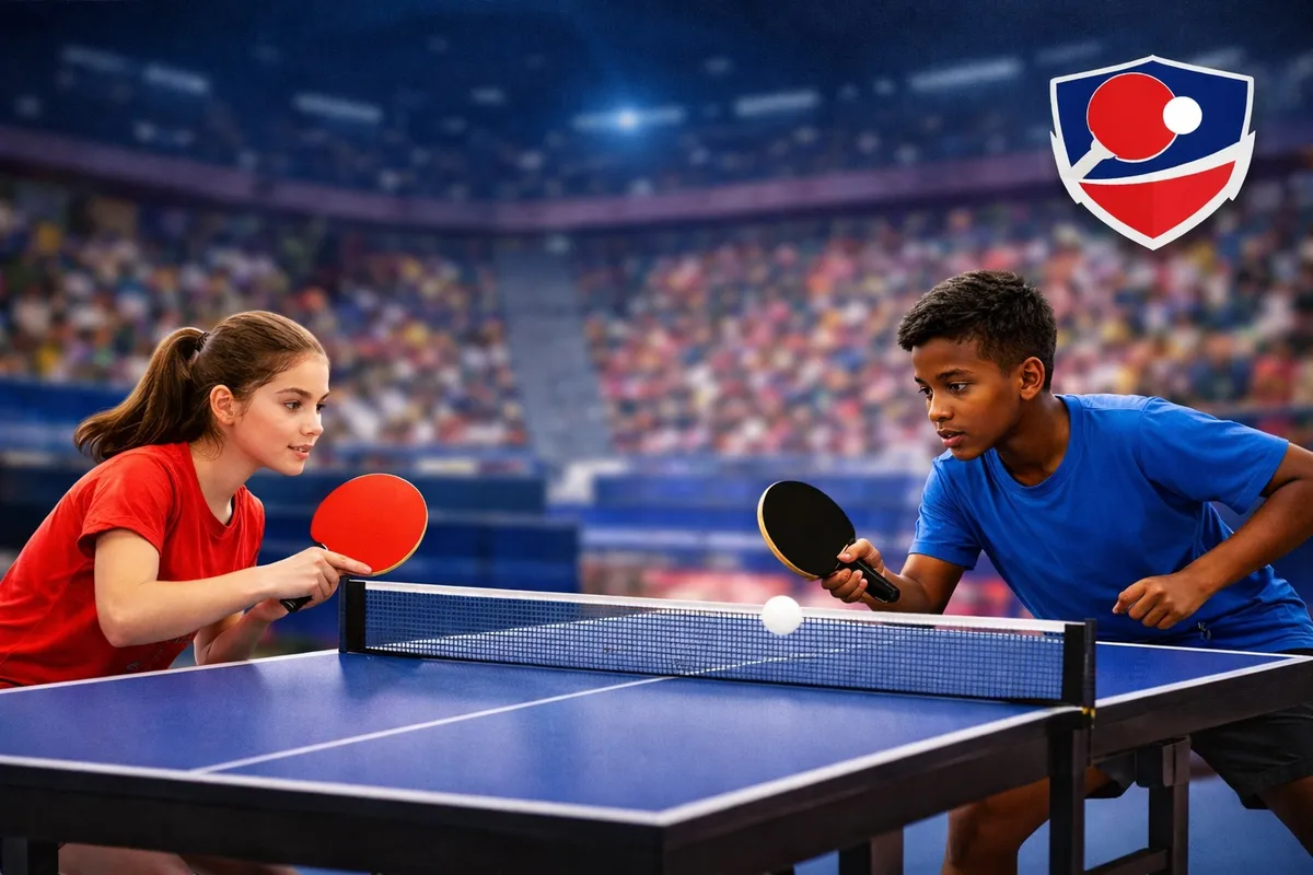 Dois jovens estudantes jogando tênis de mesa intensamente durante uma competição escolar, com foco na ação do jogo e na expressão de concentração.