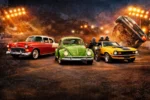 Exposição de carros antigos em Guaraí com público presente.
