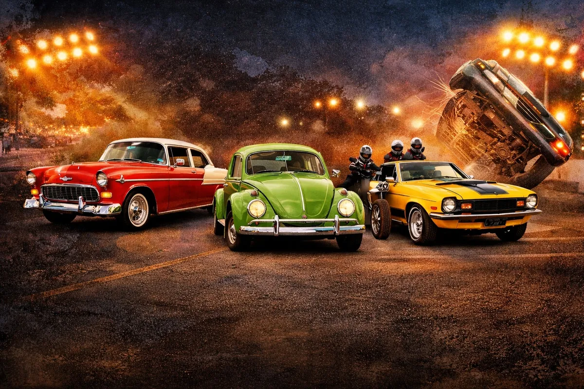 Exposição de carros antigos em Guaraí com público presente.