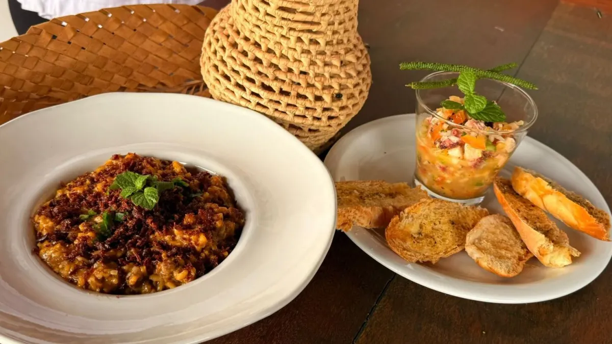 Pessoas interagindo em uma feira gastronômica e de artesanato vibrante em Colinas do Tocantins, com estandes coloridos de comida regional e produtos artesanais.