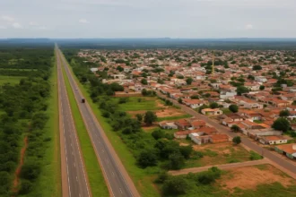Trecho da rodovia TO-355 no Tocantins com um caminhão, simbolizando logística e desenvolvimento.