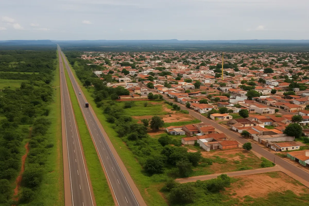 Trecho da rodovia TO-355 no Tocantins com um caminhão, simbolizando logística e desenvolvimento.