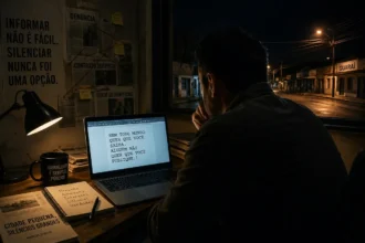 Marcelo Gris trabalhando em seu escritório em Guaraí, refletindo sobre os desafios do jornalismo independente local.