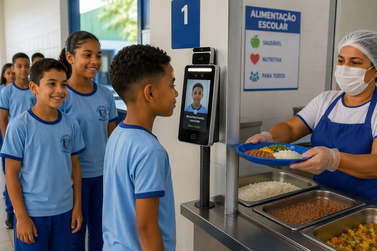 Crianças almoçando em refeitório escolar com sistema de reconhecimento facial para controle de merenda.
