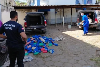 Policiais em São Domingos do Araguaia fiscalizando sacos com maconha apreendida em caminhão Volvo/FM 370 na BR-153