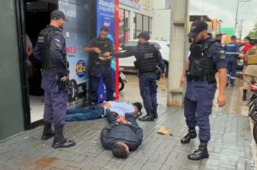 Guarda Municipal cerca loja de celulares em Araguaína, Tocantins, após cliente flagrar assalto, com veículos policiais e agentes em ação.
