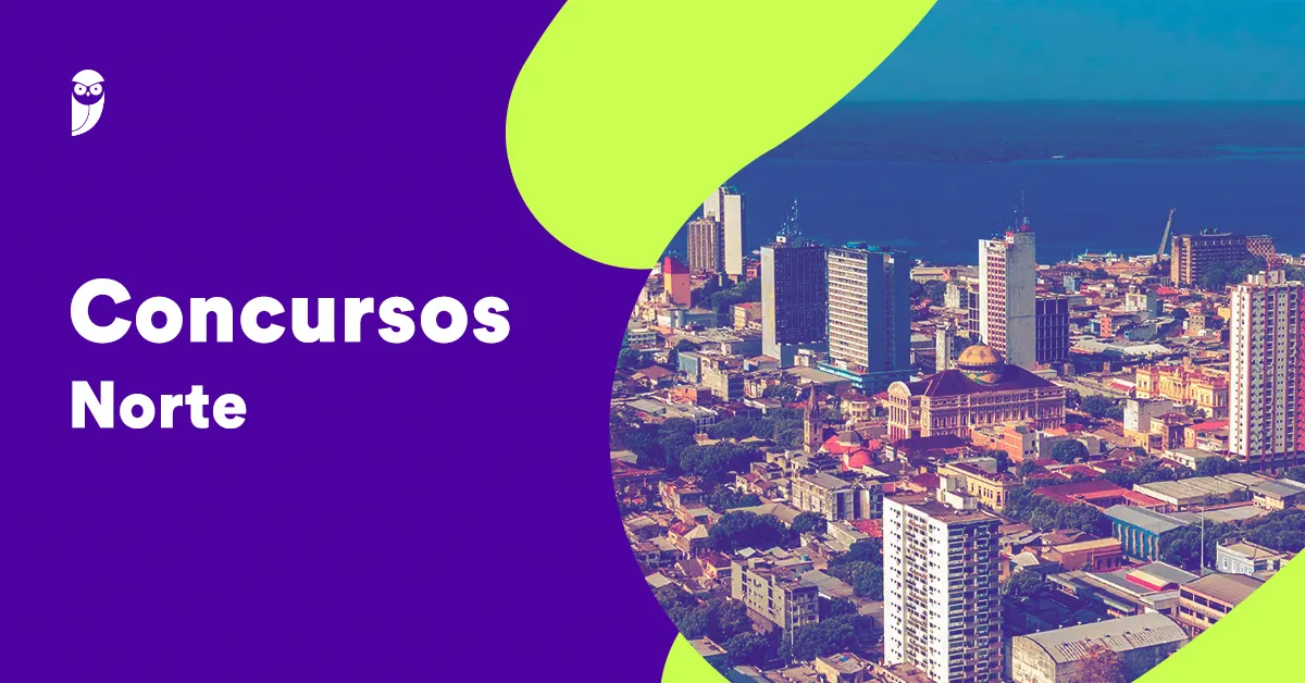 Jovem estudando concentrado com livros e um mapa da Região Norte do Brasil ao fundo, simbolizando a preparação para concursos públicos de 2026