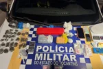 Material apreendido pela Polícia Militar em Gurupi, incluindo drogas, munições e balanças de precisão.