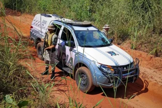 Policial mostrando arma artesanal calibre .22 e balaclava apreendidas após assalto em Tocantinópolis